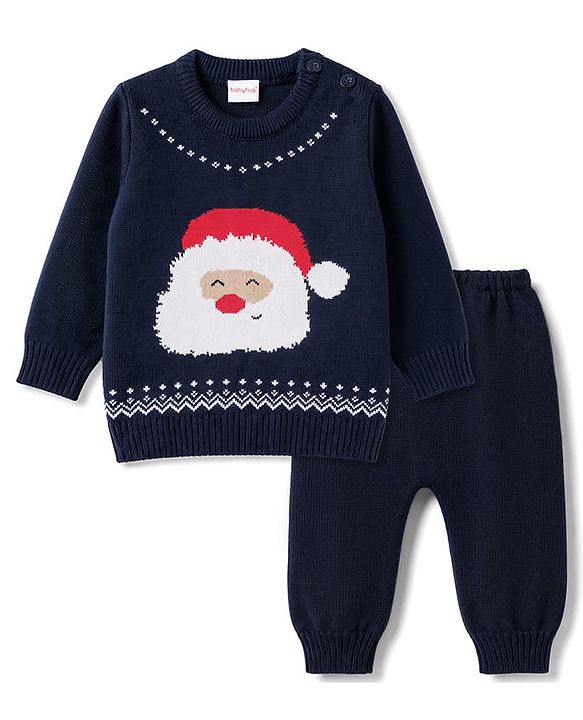 Babyhug Knitted Full Sleeves Sweater Set With Santa Design - Navy Blue