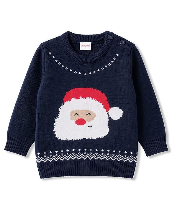 Babyhug Knitted Full Sleeves Sweater Set With Santa Design - Navy Blue