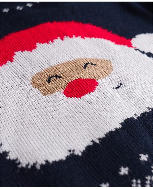 Babyhug Knitted Full Sleeves Sweater Set With Santa Design - Navy Blue