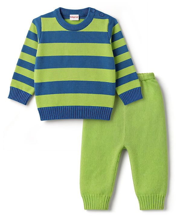 Babyhug Knitted Full Sleeves Striped Sweater Set - Green