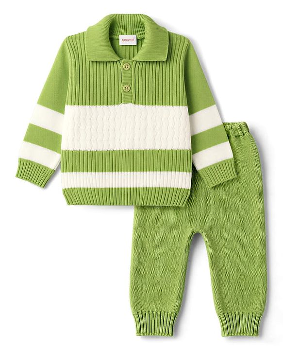 Babyhug Knitted Full Sleeves Striped Sweater Set - Green