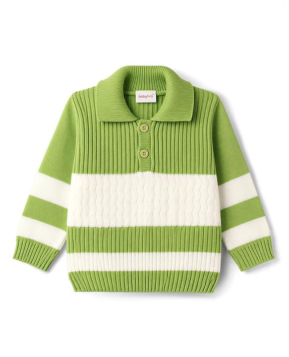 Babyhug Knitted Full Sleeves Striped Sweater Set - Green