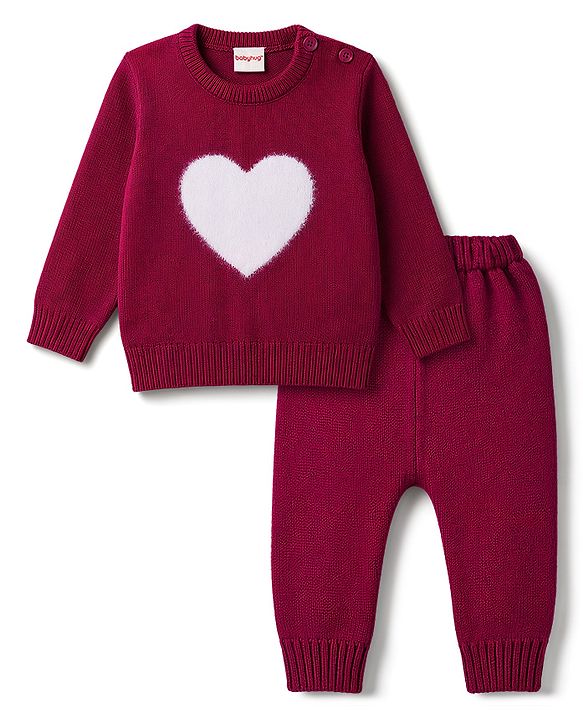 Babyhug Knitted Full Sleeves Sweater Set With Heart Design - Wine