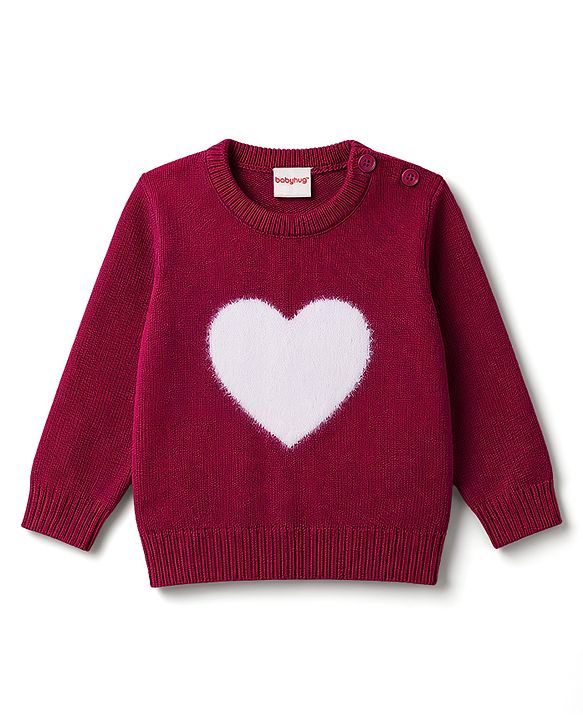 Babyhug Knitted Full Sleeves Sweater Set With Heart Design - Wine