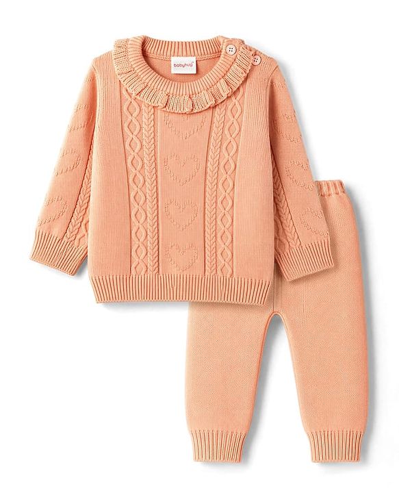Babyhug Knitted Full Sleeves Sweater Set - Peach