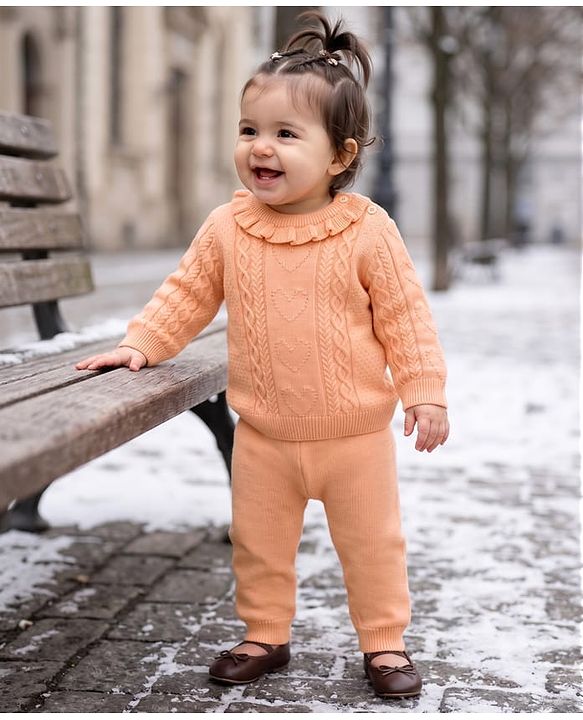 Babyhug Knitted Full Sleeves Sweater Set - Peach