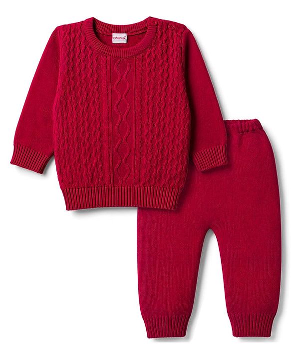 Babyhug Knitted Full Sleeves Sweater Set - Red