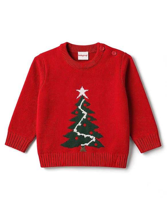 Babyhug Knitted Full Sleeves Sweater Set With Christmas Tree Design - Red