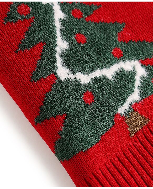 Babyhug Knitted Full Sleeves Sweater Set With Christmas Tree Design - Red