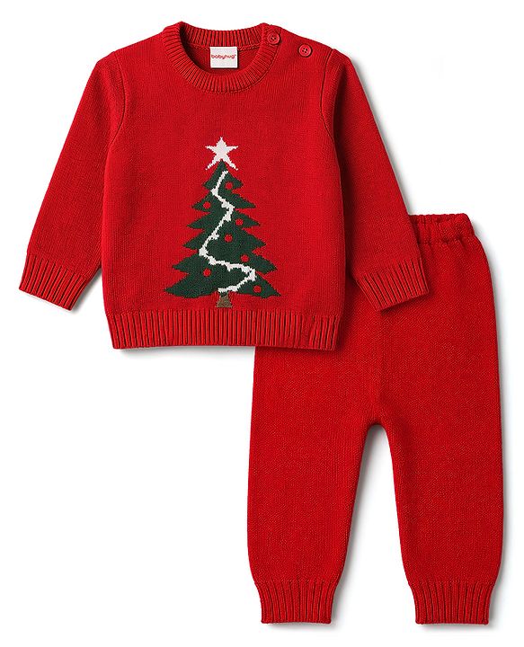 Babyhug Knitted Full Sleeves Sweater Set With Christmas Tree Design - Red