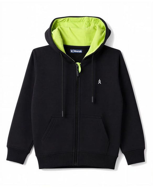 Pine Kids Knit Full Sleeves Hooded Solid Colour Sweat Jacket with Kangaroo Pockets -  Black