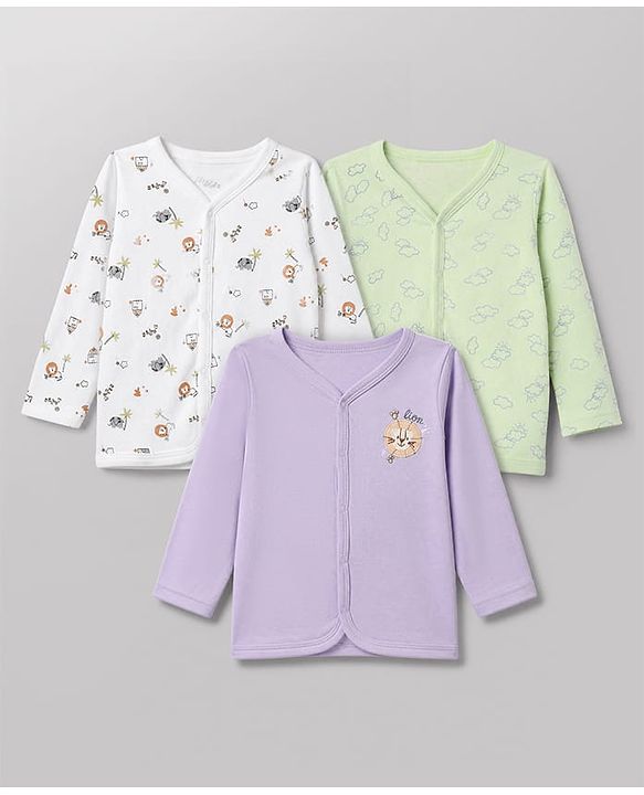 Babyhug 100% Cotton Interlock Knit Jhablas with Lion & Cloud Print Pack of 3 in White Purple & Green