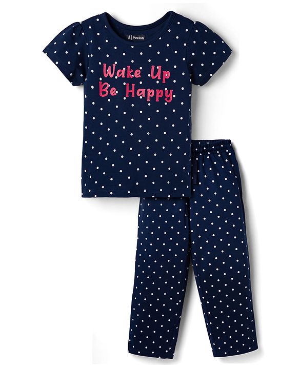Pine Kids Cotton Knit Half Sleeves Polka Dots & Text Printed T-Shirt & Pyjama Night Suit - Navy Blue