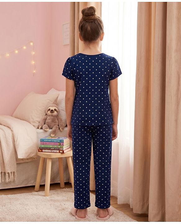 Pine Kids Cotton Knit Half Sleeves Polka Dots & Text Printed T-Shirt & Pyjama Night Suit - Navy Blue