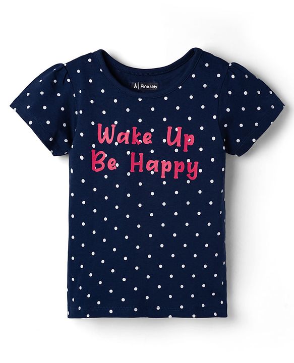 Pine Kids Cotton Knit Half Sleeves Polka Dots & Text Printed T-Shirt & Pyjama Night Suit - Navy Blue