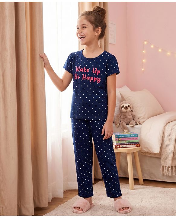 Pine Kids Cotton Knit Half Sleeves Polka Dots & Text Printed T-Shirt & Pyjama Night Suit - Navy Blue