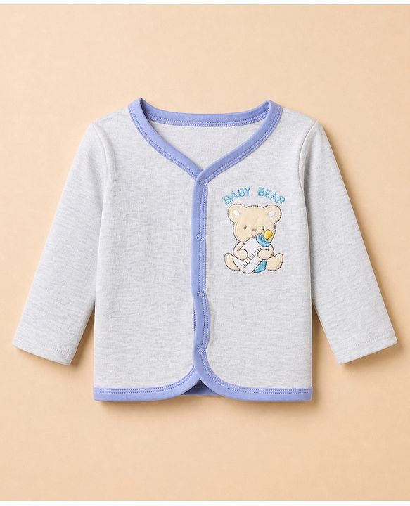 Babyhug 100% Cotton Interlock Knit Full Sleeves Jhablas with Cute Baby Bear Embroidery and Bear Travel Print Pack of 3 - White, Light Grey, Lavender