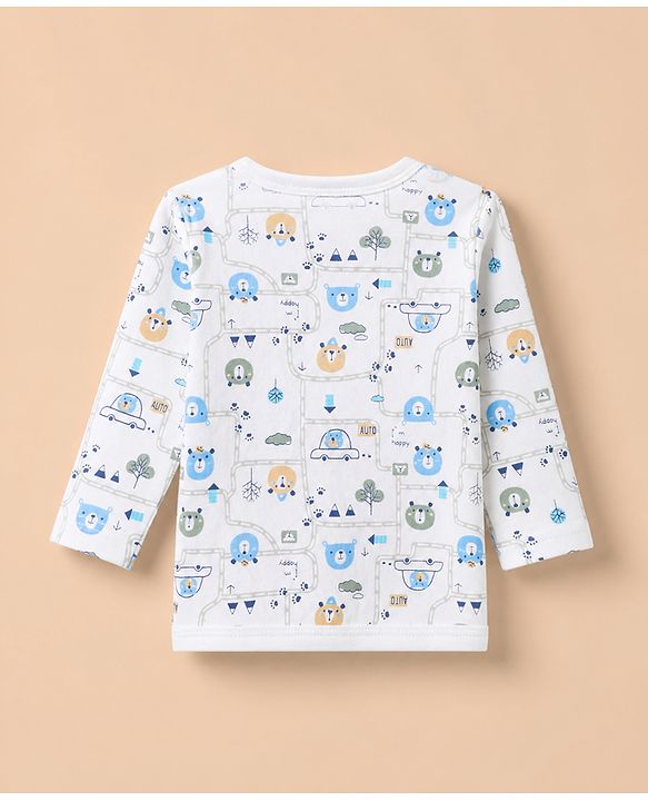 Babyhug 100% Cotton Interlock Knit Full Sleeves Jhablas with Cute Baby Bear Embroidery and Bear Travel Print Pack of 3 - White, Light Grey, Lavender