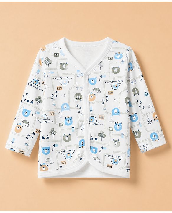 Babyhug 100% Cotton Interlock Knit Full Sleeves Jhablas with Cute Baby Bear Embroidery and Bear Travel Print Pack of 3 - White, Light Grey, Lavender