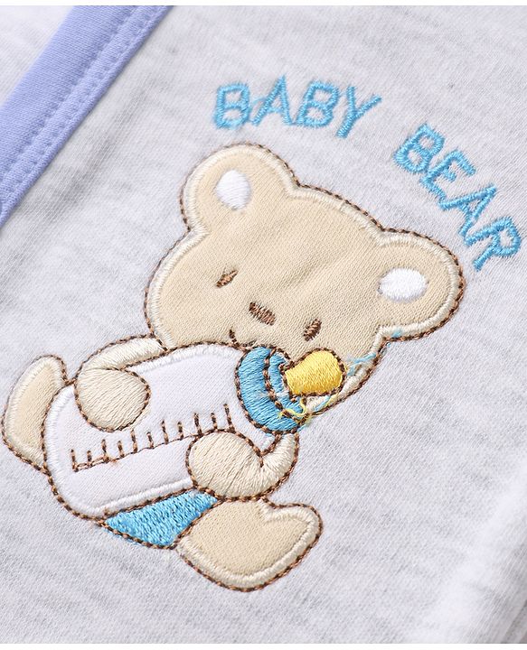 Babyhug 100% Cotton Interlock Knit Full Sleeves Jhablas with Cute Baby Bear Embroidery and Bear Travel Print Pack of 3 - White, Light Grey, Lavender
