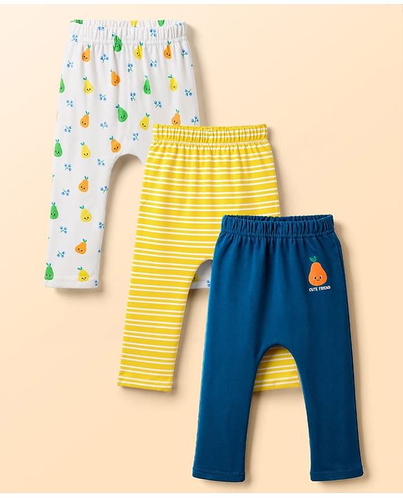 Babyhug 100% Cotton Interlock Knit Full Length Diaper Leggings with Stripes & Fruits Print Pack of 3 - Blue
