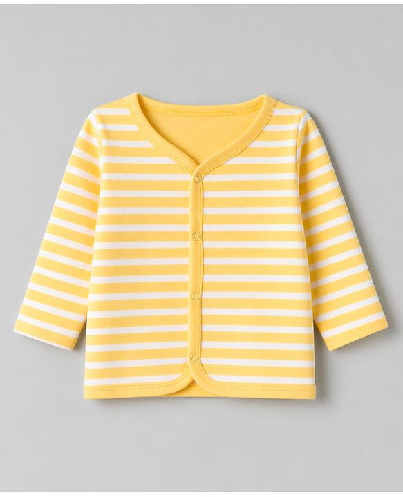 Babyhug 100% Cotton Interlock Knit Front Open Full Sleeves Striped Jhablas With Teddy Bear Print & Applique Pack of 3 - Yellow, White & Light Blue