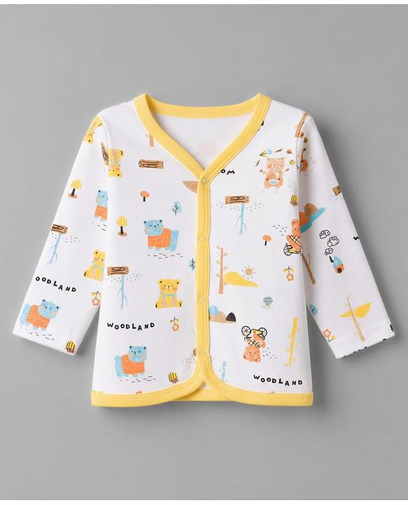 Babyhug 100% Cotton Interlock Knit Front Open Full Sleeves Striped Jhablas With Teddy Bear Print & Applique Pack of 3 - Yellow, White & Light Blue