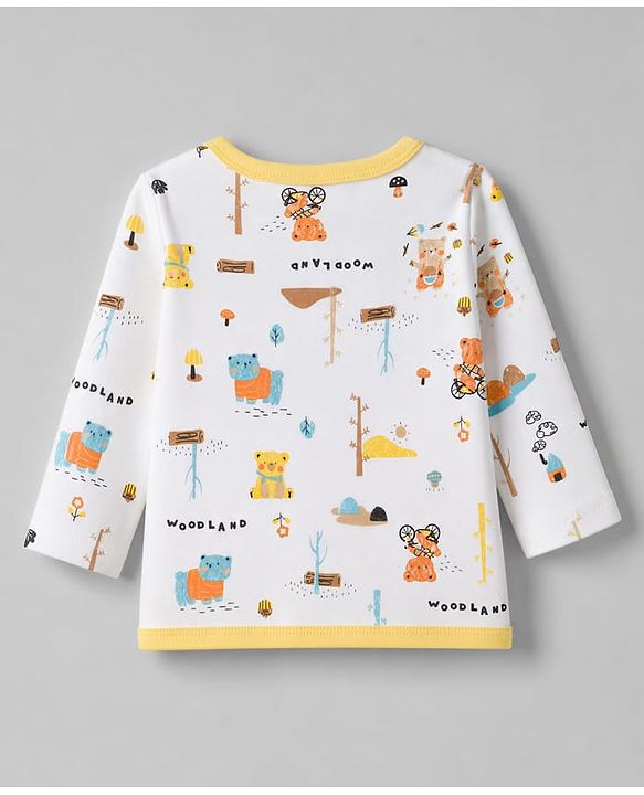 Babyhug 100% Cotton Interlock Knit Front Open Full Sleeves Striped Jhablas With Teddy Bear Print & Applique Pack of 3 - Yellow, White & Light Blue