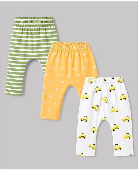 Babyhug 100% Cotton Knit Full Length Striped Star & Vehicles Printed Diaper Leggings Pack of 3 - Multicolor