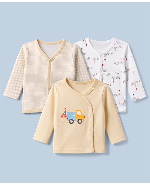 Babyhug 100% Cotton Interlock Knit Jhablas with Full Sleeves and Truck Print Pack of 3 in Cream