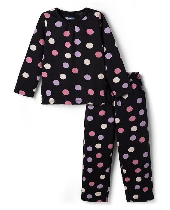 Pine Kids Cotton Knit Full Sleeves Polka Dots Printed Co-Ords T-Shirt & Pyjama Night Suit - Black