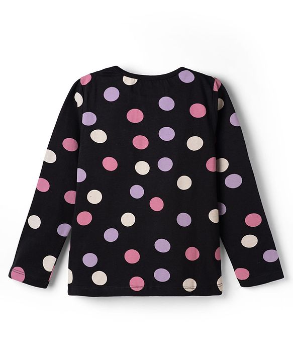 Pine Kids Cotton Knit Full Sleeves Polka Dots Printed Co-Ords T-Shirt & Pyjama Night Suit - Black
