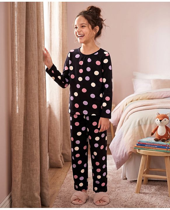 Pine Kids Cotton Knit Full Sleeves Polka Dots Printed Co-Ords T-Shirt & Pyjama Night Suit - Black