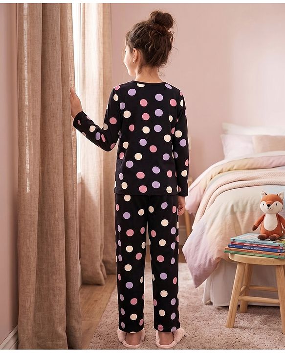 Pine Kids Cotton Knit Full Sleeves Polka Dots Printed Co-Ords T-Shirt & Pyjama Night Suit - Black