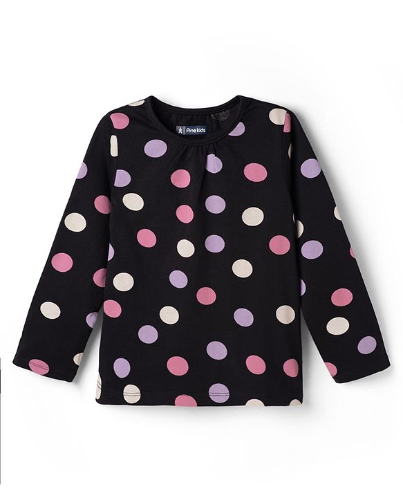 Pine Kids Cotton Knit Full Sleeves Polka Dots Printed Co-Ords T-Shirt & Pyjama Night Suit - Black