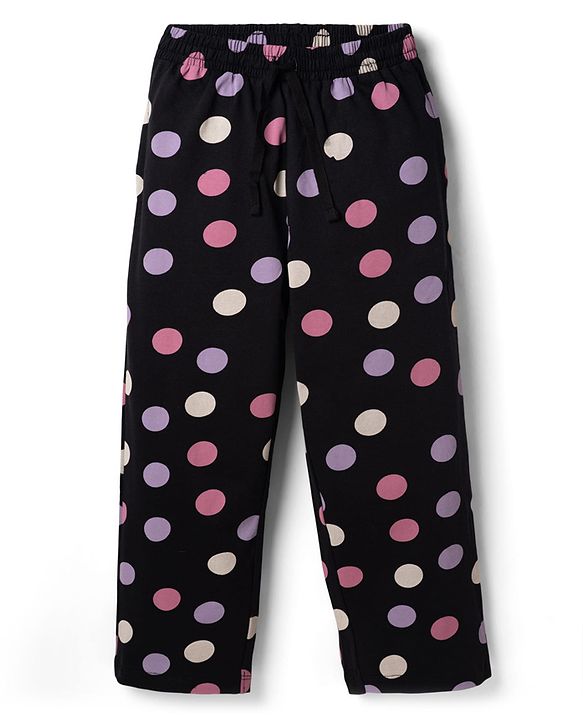 Pine Kids Cotton Knit Full Sleeves Polka Dots Printed Co-Ords T-Shirt & Pyjama Night Suit - Black