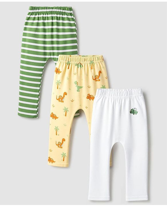 Babyhug 100% Cotton Knit Full Length Striped & Dino Printed Diaper Leggings Pack Of 3 - Green Yellow & White