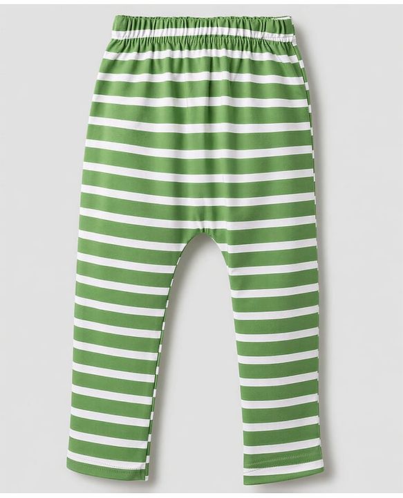 Babyhug 100% Cotton Knit Full Length Striped & Dino Printed Diaper Leggings Pack Of 3 - Green Yellow & White