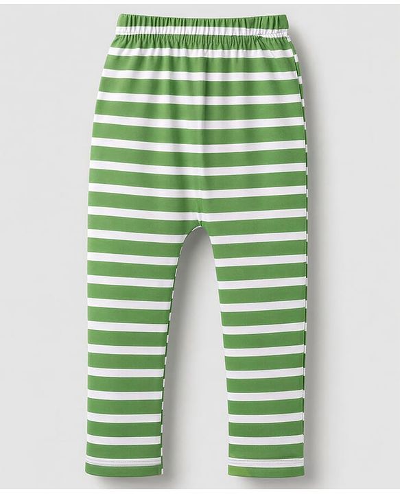 Babyhug 100% Cotton Knit Full Length Striped & Dino Printed Diaper Leggings Pack Of 3 - Green Yellow & White