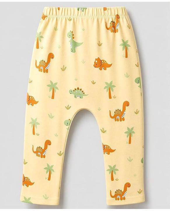 Babyhug 100% Cotton Knit Full Length Striped & Dino Printed Diaper Leggings Pack Of 3 - Green Yellow & White