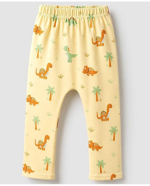 Babyhug 100% Cotton Knit Full Length Striped & Dino Printed Diaper Leggings Pack Of 3 - Green Yellow & White