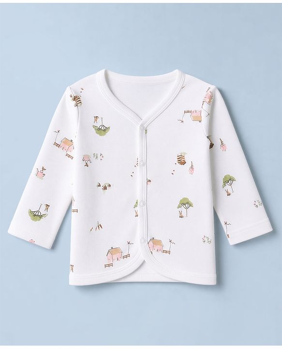 Babyhug 100% Cotton Knit Full Sleeves Striped Jhablas with Animal & Farm Print Pack of 3 - Peach , Green & White