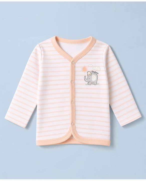 Babyhug 100% Cotton Knit Full Sleeves Striped Jhablas with Animal & Farm Print Pack of 3 - Peach , Green & White