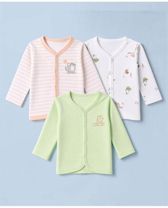 Babyhug 100% Cotton Knit Full Sleeves Striped Jhablas with Animal & Farm Print Pack of 3 - Peach , Green & White
