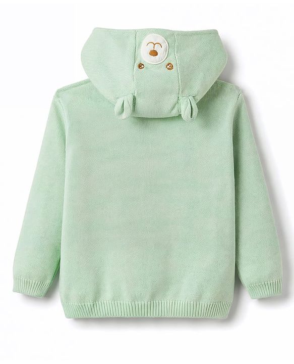 Babyhug Knit Full Sleeves Bear & Paw Embroidered Hooded Sweater - Mint