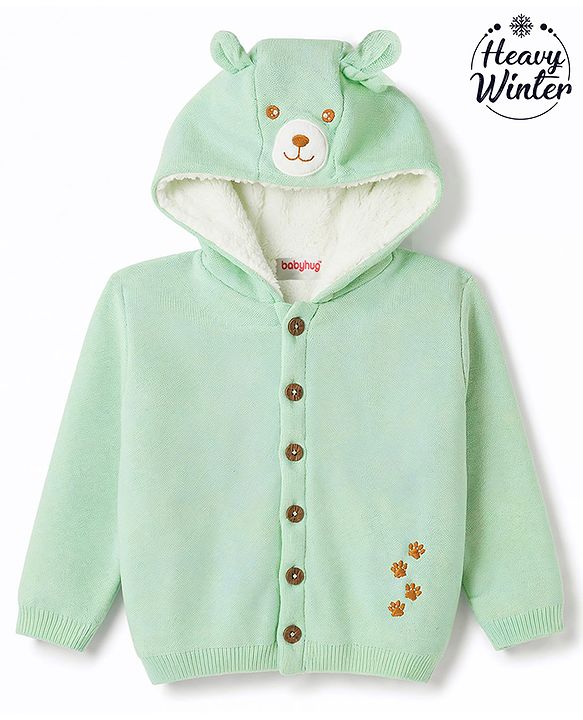 Babyhug Knit Full Sleeves Bear & Paw Embroidered Hooded Sweater - Mint