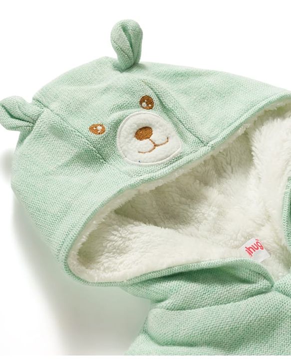 Babyhug Knit Full Sleeves Bear & Paw Embroidered Hooded Sweater - Mint