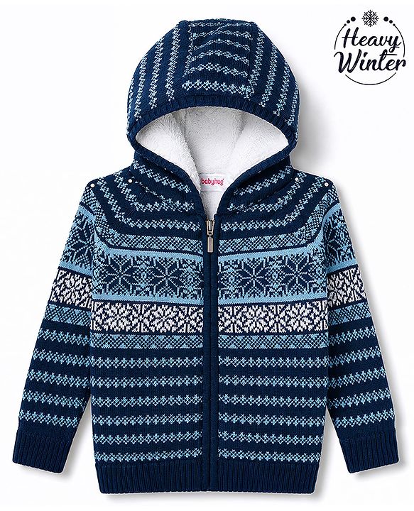 Babyhug Knit Full Sleeves Hooded Sweater With Floral Design - Navy Blue