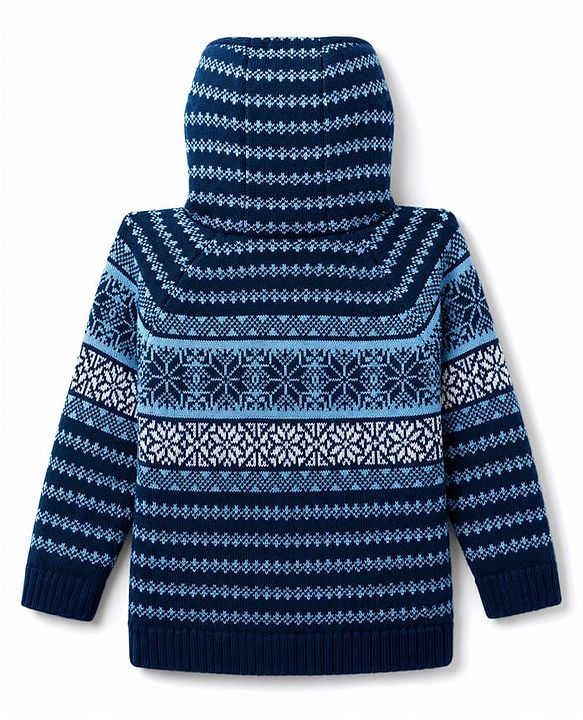 Babyhug Knit Full Sleeves Hooded Sweater With Floral Design - Navy Blue
