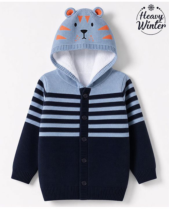Babyhug Knit Hooded Sweater with Stripes & Tiger Design with Ear Applique - Blue